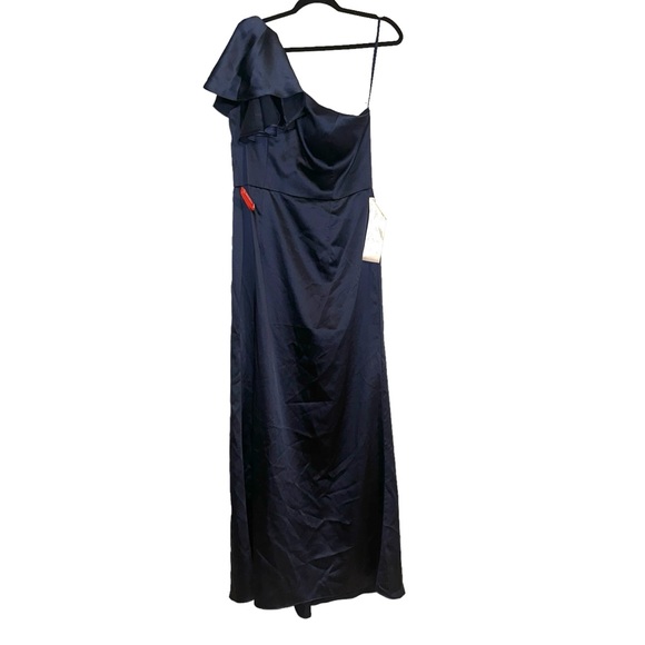 Ieena For Mac Duggal One Shoulder Bow Detail Navy Satin Gown 12 LN worn once - Picture 3 of 9